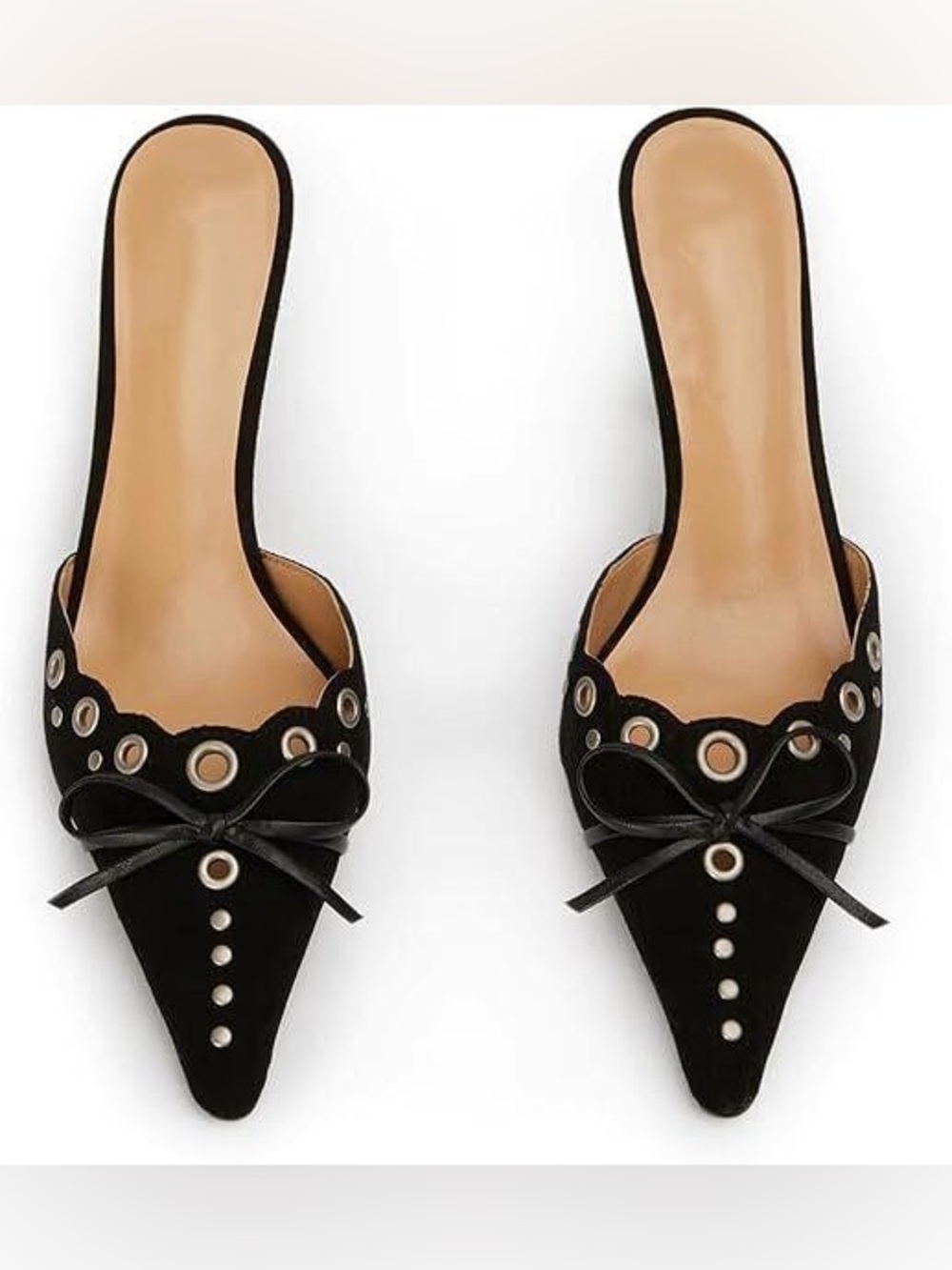 Time and Tru Black Pointed Toe Slip-On Mules with Eyelet Trim